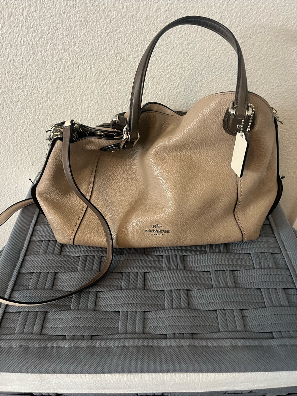 Coach Beige Pebbled Leather Satchel with Dark Trim